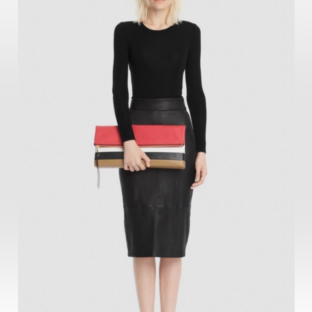 COACH Borough Large Leather Clutch Bag with Tan, Red, White and Black Stripes